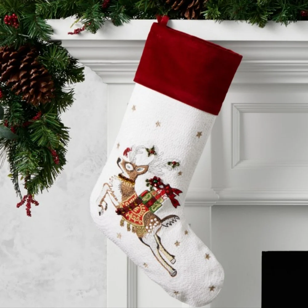 Williams Sonoma TWAS NIGHT BEFORE CHRISTMAS Reindeer Crewel Christmas Stocking